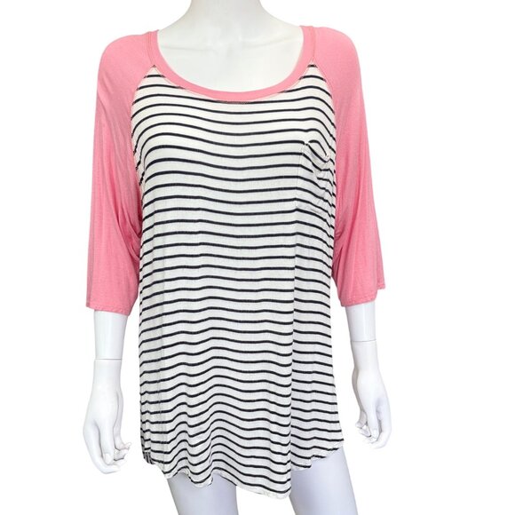Moa Moa Black & White Striped Pink Raglan Sleeve Top 3/4 Sleeve Womens Size 1X - Picture 1 of 5